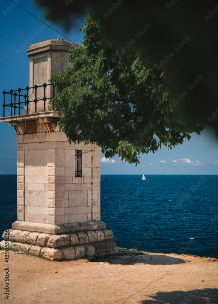 Stone Tower Overlooking the Adriatic Sea in Rovinj, Croatia
