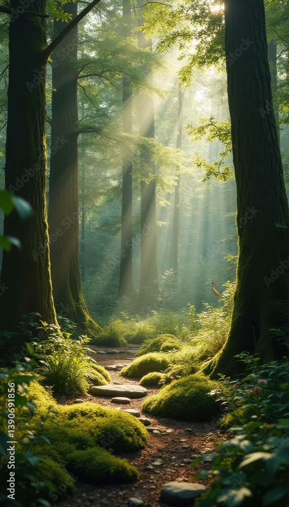 Obraz premium Sunlit Path Through a Lush Forest with Moss-Covered Trees and Gentle Light Rays