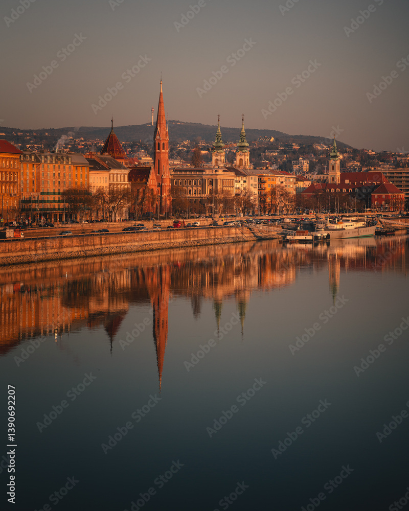 Fototapeta premium Golden Hour Over Budapest with Scenic River Reflection