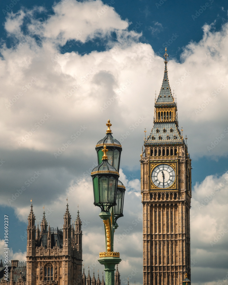 Big Ben and Victorian Street Lamp with Dramatic Sky in Westminster, London