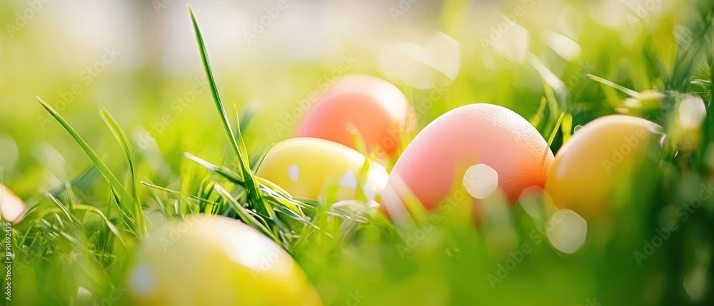 Colorful eggs in green grass sunny day
