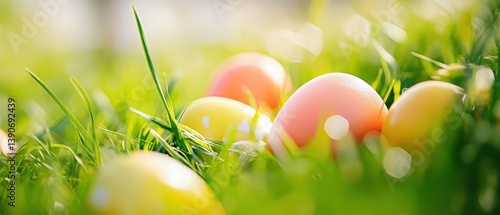 Obraz na płótnie Colorful eggs in green grass sunny day w salonie