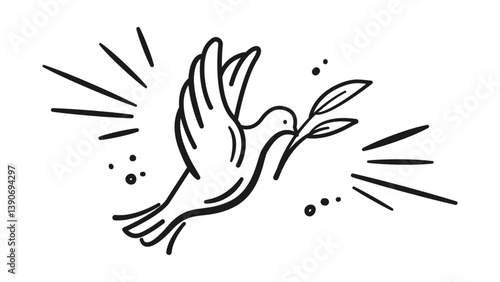Dove and Olive Branch. Pentecost Sunday. Come Holy Spirit Religion illustration. Christian symbol of Peace, Love, Hope. Easter Sunday. God Holy Spirit, Trinity Church. Vector illustration