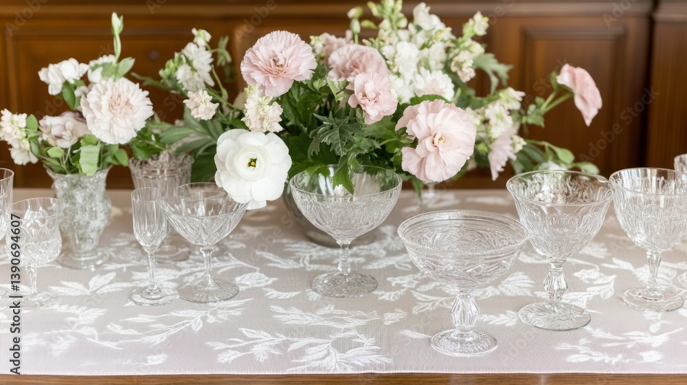 Elegant floral arrangement on a table with crystal glasses, interior setting Elegant floral arrangement on a table with crystal glasses, interior setting