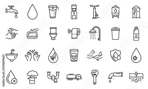 Outline icon set for clean water and sanitation. Editable stroke, modern and minimal design.