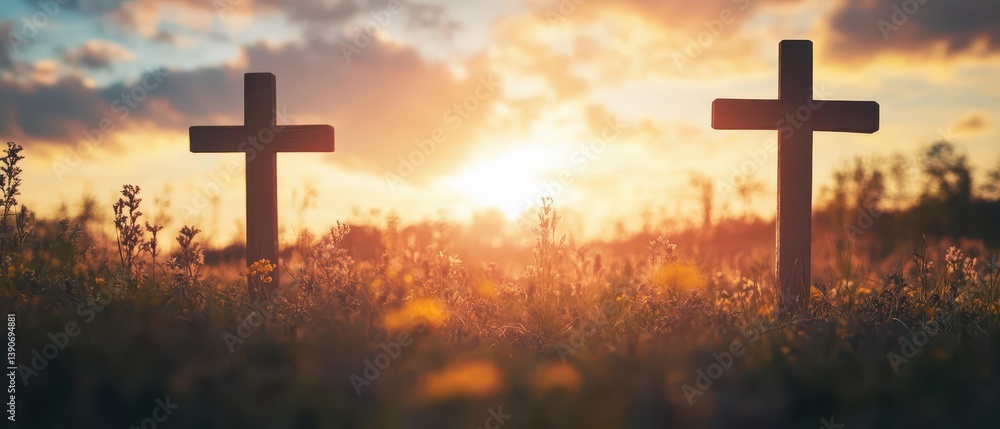 Sunset over grassy field with wooden crosses