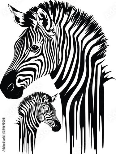 Flat Illustration of Zebra with baby, Black silhouette animal, vector art wild life