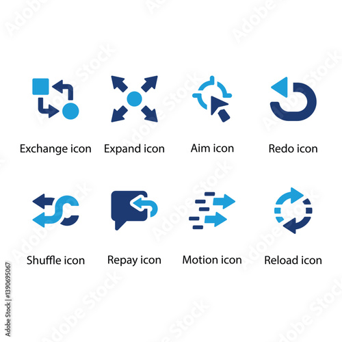 Exchange, Expand, Aim, Redo, Shuffle, Repay, Motion, Reload, Blue Icon Set