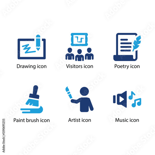 Drawing, Visitors, Poetry, Paint brush, Artist, Music, Blue Icon Set