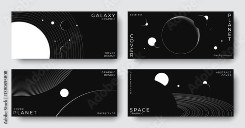 Set of abstract space astronomy horizontal backgrounds. Line art galaxy, solar system, planet, black hole. Science future concept. Cosmic minimalist design for cover, poster, banner, flyer, brochure