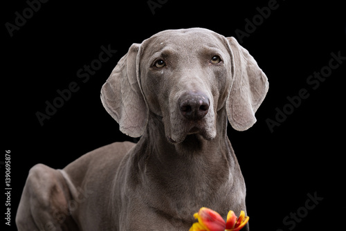 Weimaraner mit Tulpe