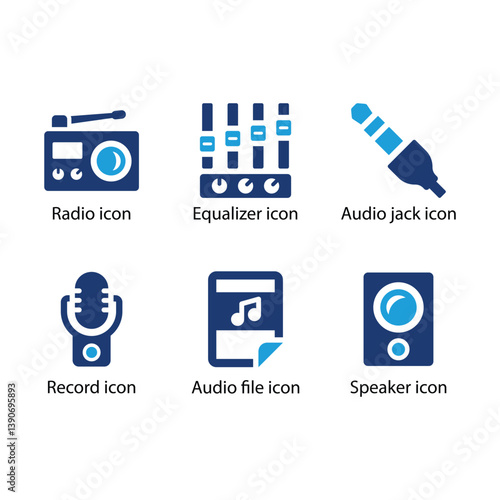 Radio, Equalizer, Audio jack, Record, Audio file, Speaker, Blue Icon Set
