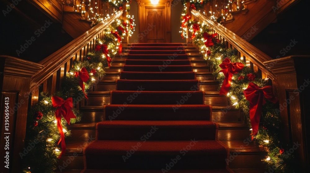 Obraz premium Ornate Christmas Staircase, Elegant Holiday Decor, Mansion Interior