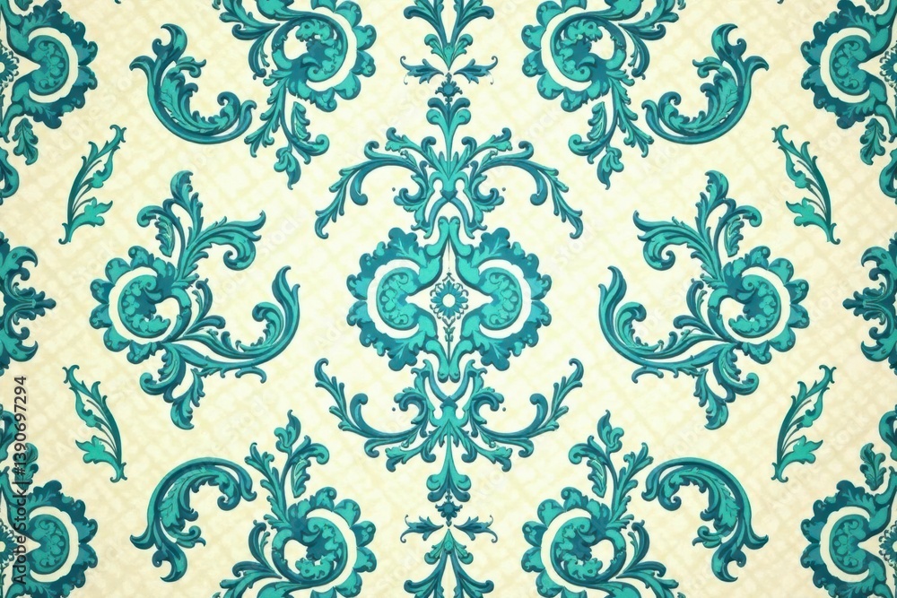 Symmetrical paisley damask pattern in teal and ivory on cream linen background, design element, cream, seamless Symmetrical paisley damask pattern in teal and ivory on cream linen background, design element, cream, seamless