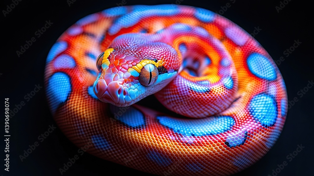 Obraz premium Colorful close-up of a vibrant snake coiled on a dark surface, showcasing its unique patterns and colors
