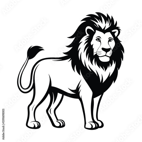  Majestic Lion in Monochrome: A regal lion with a lush mane stands in a commanding pose, its presence exuding strength and authority, captured in striking black and white monochrome.