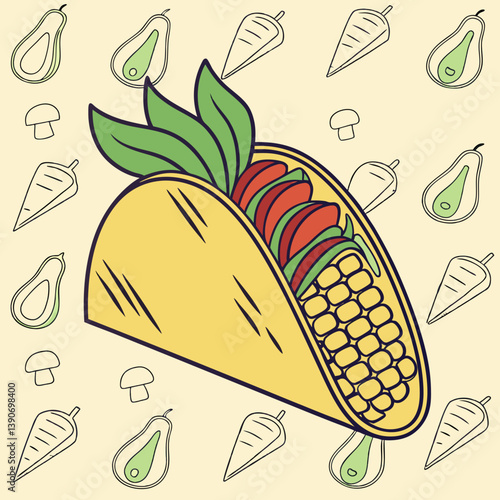 Corn cob in a taco shell, food fusion concept, vibrant pop art vector