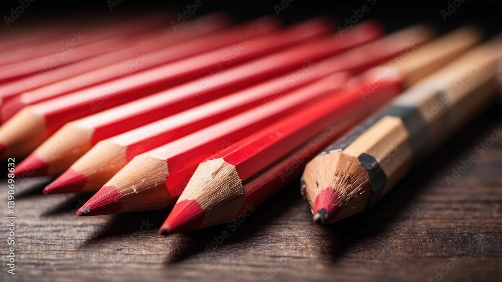 Obraz premium A close-up of several red and black pencils arranged in a diagonal line