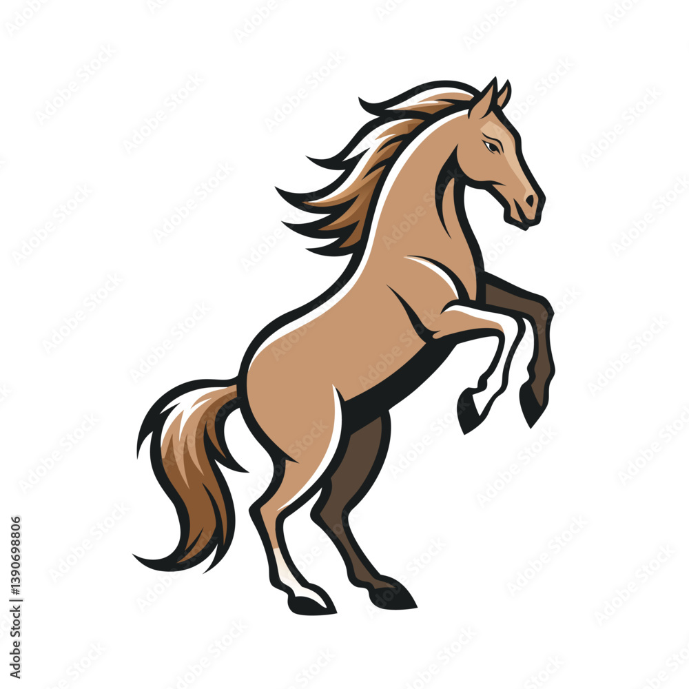Rearing Horse: A majestic brown horse with flowing mane and tail rears up majestically, showcasing its strength and power. Rearing Horse: A majestic brown horse with flowing mane and tail rears up majestically, showcasing its strength and power.