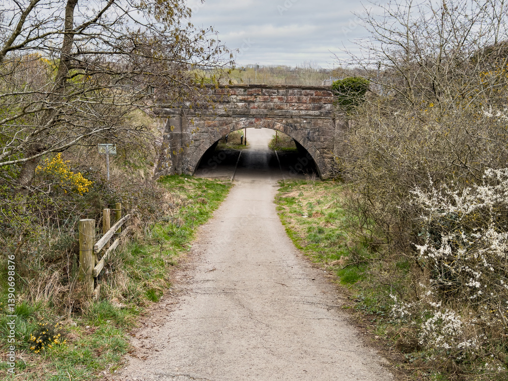Fototapeta premium Country path beneath an old stone bridge in spring