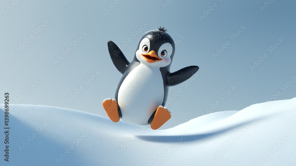 Obraz premium Cheerful Cartoon Penguin Dancing Joyfully on a Snowy Slope with a Clear Blue Sky Background
