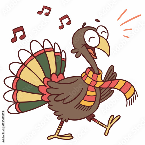 Dancing turkey with musical notes and scarf