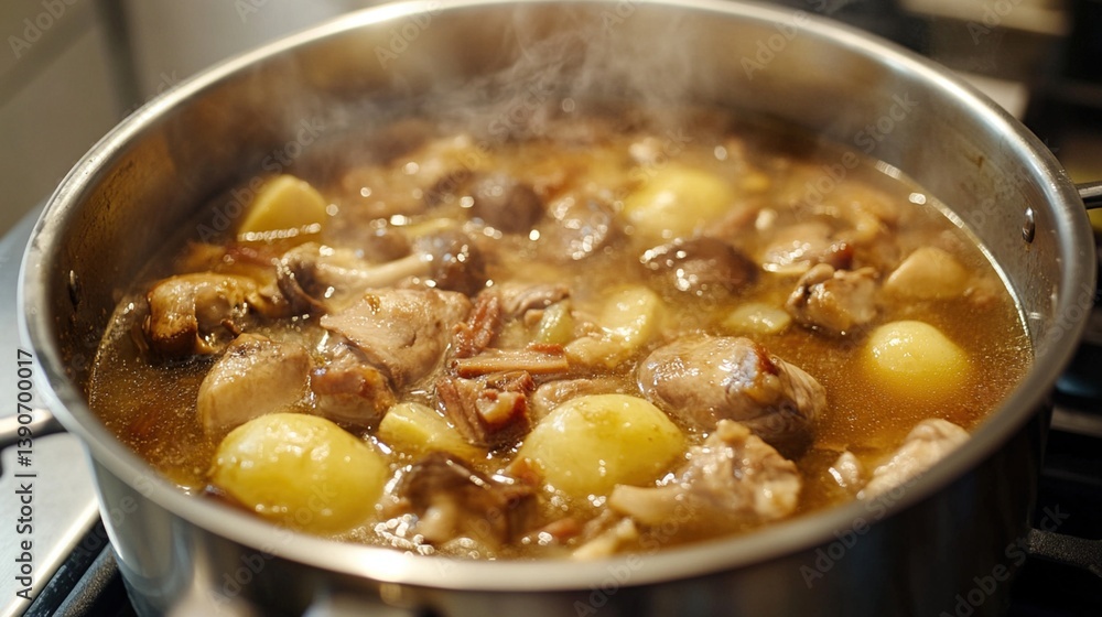 Stewing chicken, mushrooms, and potatoes in a large pot Stewing chicken, mushrooms, and potatoes in a large pot