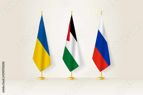 Diplomatic Meeting Representation, Ukraine, Palestine and Russia Flags. Flags on Diplomatic Stands.