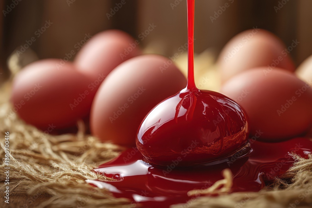 Red liquid dripping from an egg among natural eggs