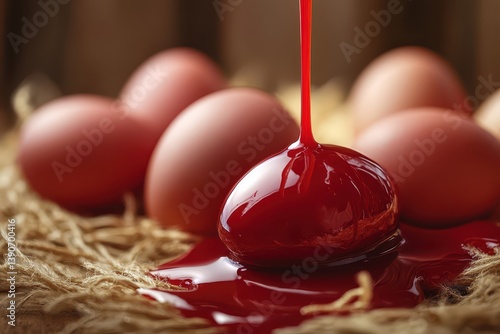 Obraz na płótnie Red liquid dripping from an egg among natural eggs w salonie