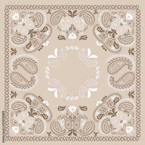 Bandana with paisley pattern. Scarves, fabric, and textile backgrounds. retro bandanna print in brown tones, featuring ethnic ornaments and abstract swirls.