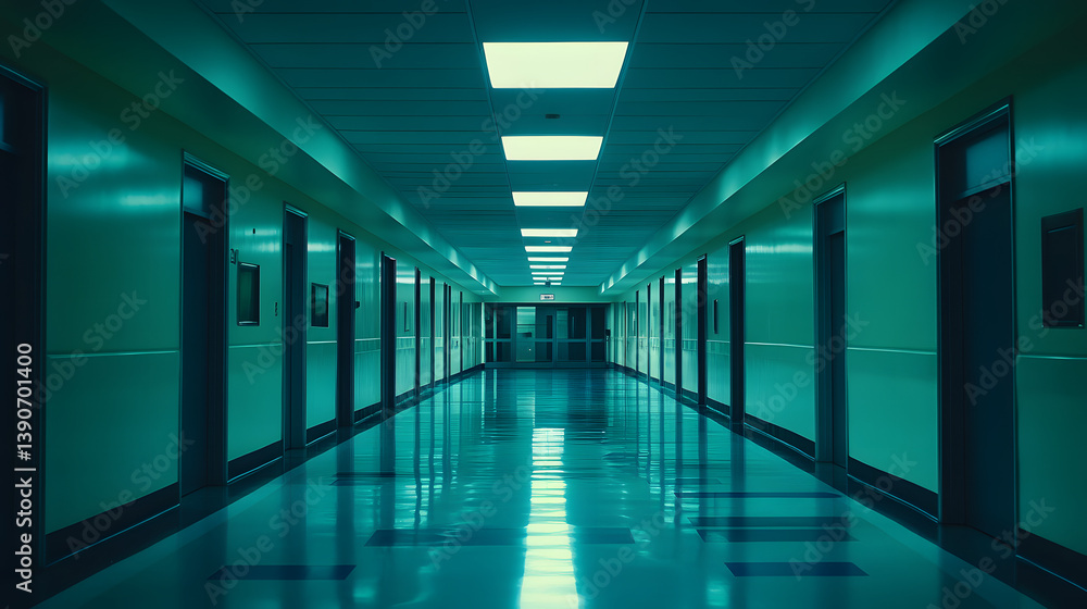 Long, symmetrical hospital hallway with bright fluorescent lights, doors on each side, and a reflective floor. The scene is lit with a strong teal hue. Long, symmetrical hospital hallway with bright fluorescent lights, doors on each side, and a reflective floor. The scene is lit with a strong teal hue.