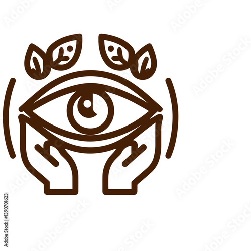 Hands holding an eye symbolizing care for vision with leaves background 
