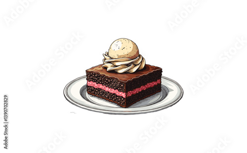 Hand-drawn vector brownie with ice cream on a plate, dessert concept

