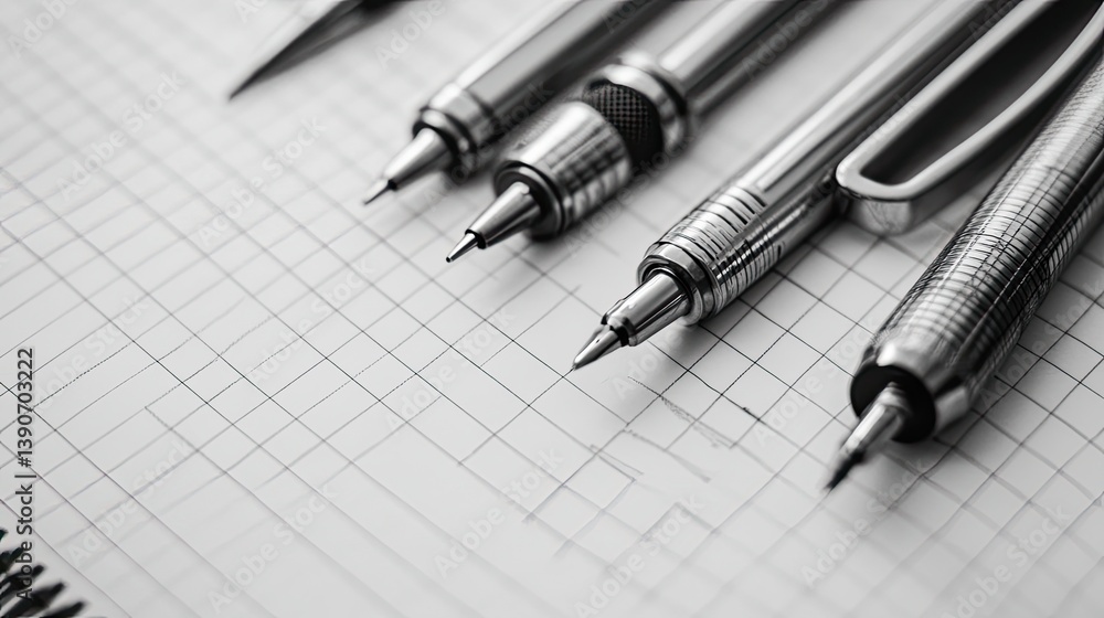 Precision compasses and drafters lined up neatly next to an architect's grid notebook Precision compasses and drafters lined up neatly next to an architect's grid notebook