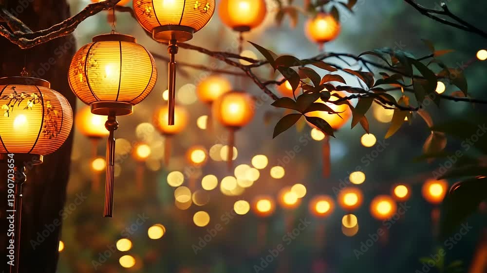 Illuminated paper lanterns hanging from branches, glowing warmly in a festive outdoor setting Illuminated paper lanterns hanging from branches, glowing warmly in a festive outdoor setting