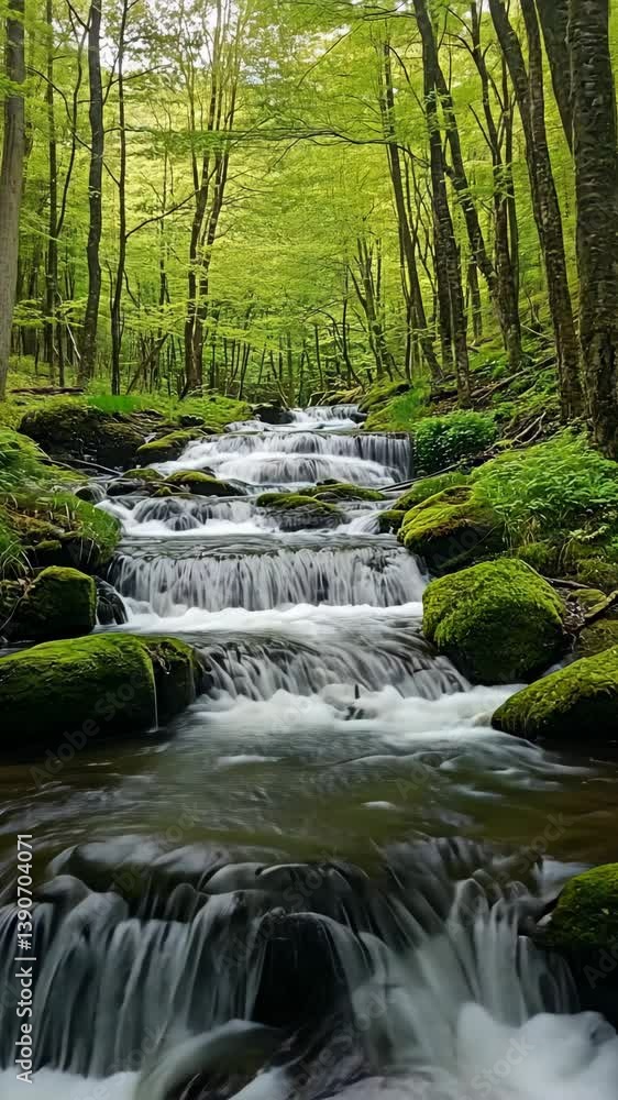 Serene stream flowing through lush green forest during daylight hours in early spring Serene stream flowing through lush green forest during daylight hours in early spring