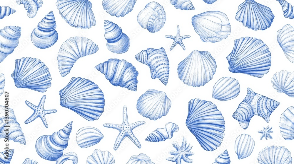 A collection of blue and white seashells and starfish displayed in a striking pattern, showcasing their unique shapes and textures against a light backdrop A collection of blue and white seashells and starfish displayed in a striking pattern, showcasing their unique shapes and textures against a light backdrop