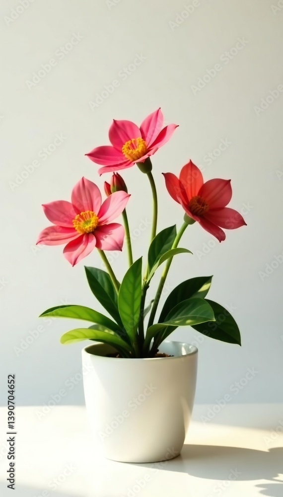 Obraz premium Colorful flowers and leaves in an empty small pot on a minimalist white background with slight warm glow, garden, branch, leafy