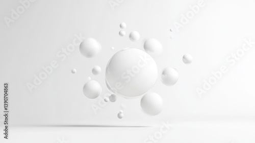 White Spheres Small Bubbles Minimalist Style High-resolution Soft Lighting Central Composition Subtle Shadows Floating Cluster White Background Pure Clean Aesthetics Ideal for Tech Presentations