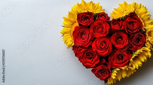 Fototapeta Naklejka Na Ścianę i Meble -  Heart-shaped flower arrangement of red roses and sunflowers on white background