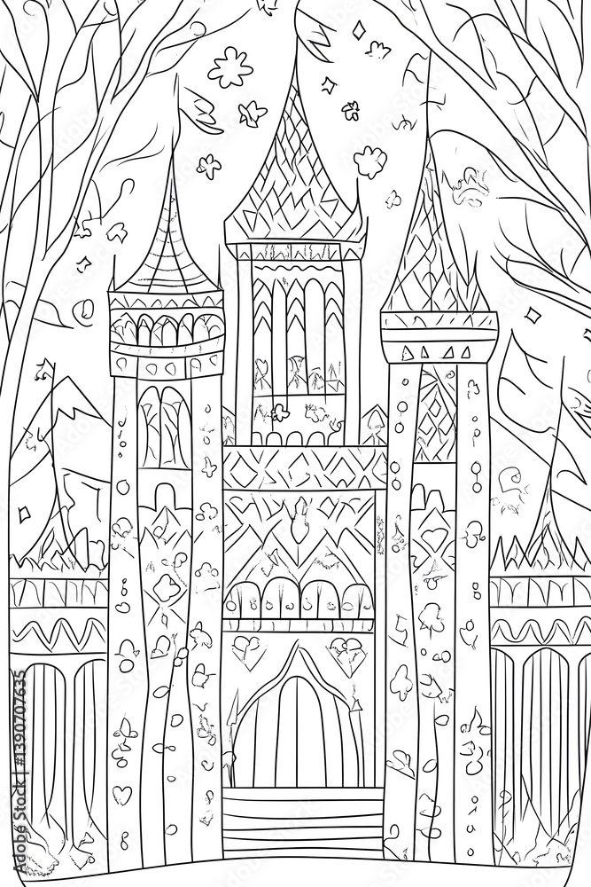 Obraz premium Enchanted Castle Coloring Page: Detailed Towers and Flags Ready for Coloring Fun
