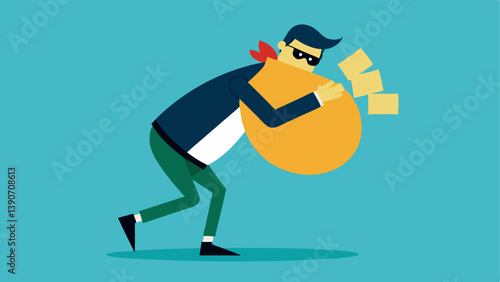 OffBalance Grab An illustration shows a robber trying to balance an unsteady stack of cash while embracing a large bag with his other arm.