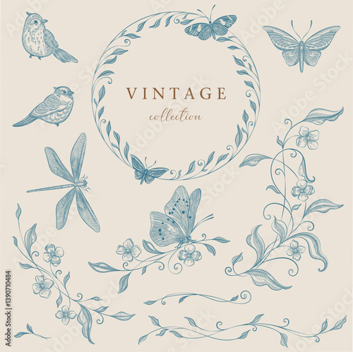 Floral clipart engraving frames. botanical wreaths and borders for wedding vintage invitations. Line art hand drawing, Victorian illustration