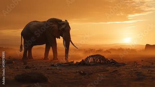 An elephant stands majestically against a stunning sunset, surveying the remains of a skeleton in a dusty landscape.