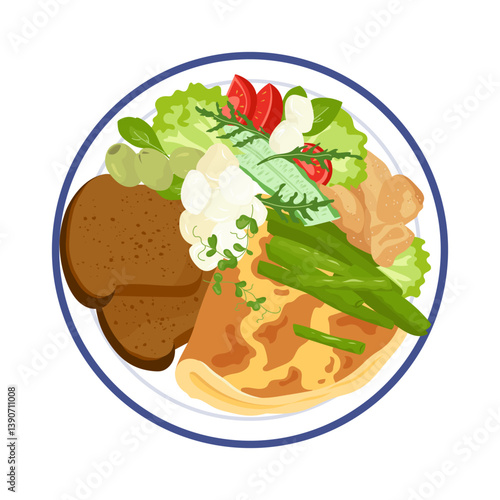 Classic European brunch with omelette, chicken and salad with mozzarella on plate. Egg omelet breakfast flat vector illustration isolated. Design element of healthy full morning tasty food.
