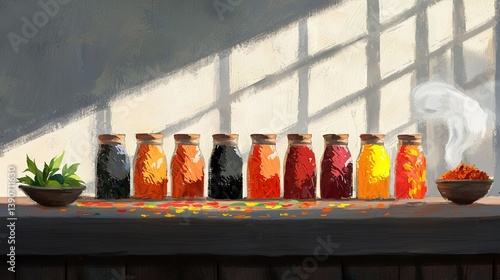   Row of Bottles with Chili and Plant