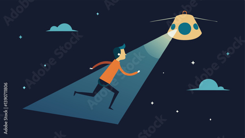 Panicked Escape A figure with wide eyes running frantically their clothes billowing as they flee the spotlight of a hovering helicopter in a starry night sky.