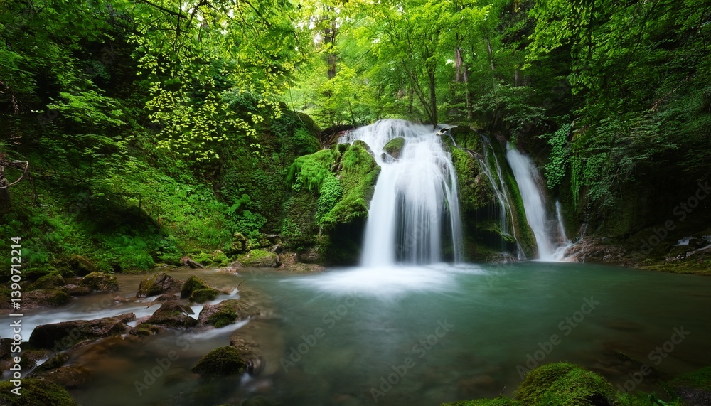 waterfall in the forest with green seen waterfall in the forest with green seen