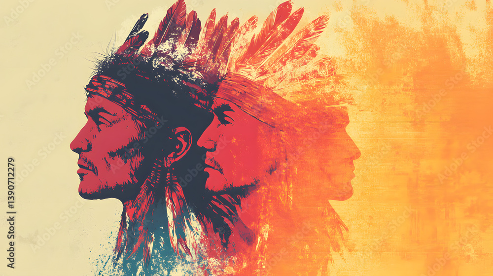Two indigenous men in profile, showcasing traditional feathered headdresses against a vibrant, textured background. Two indigenous men in profile, showcasing traditional feathered headdresses against a vibrant, textured background.